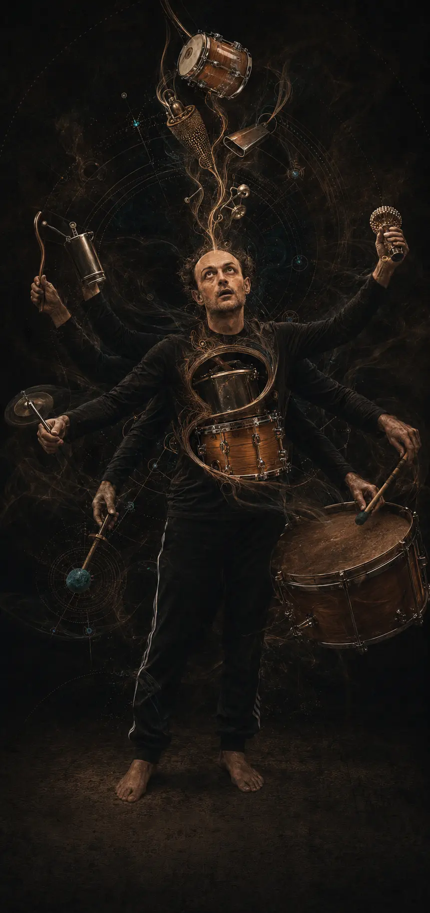 Surreal portrait of Demétrius Locks as a many-armed maracatu orchestra